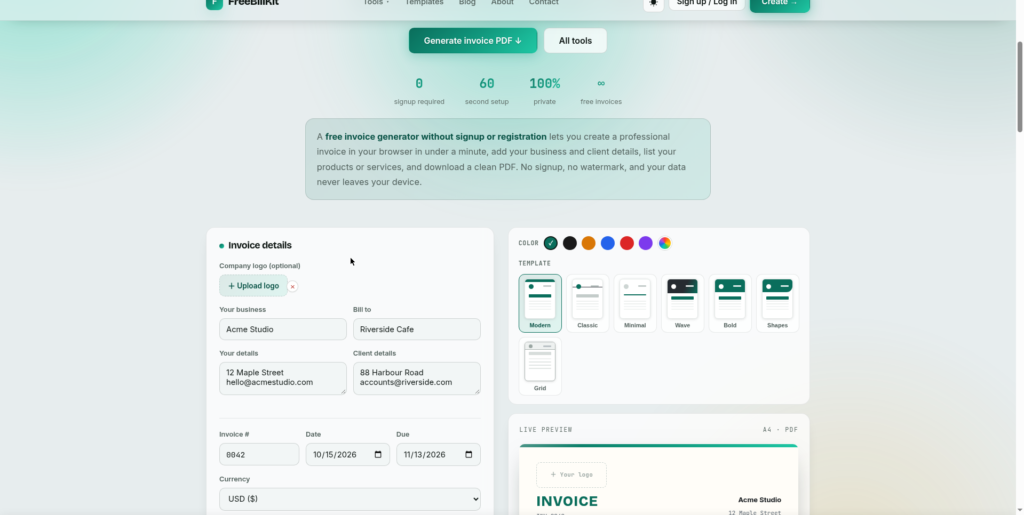 Service invoice template example