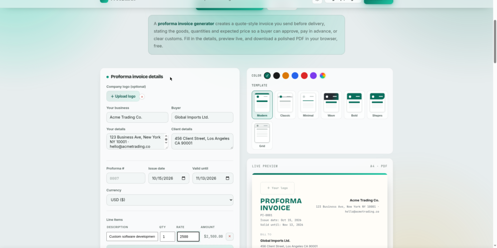 Free proforma invoice template example