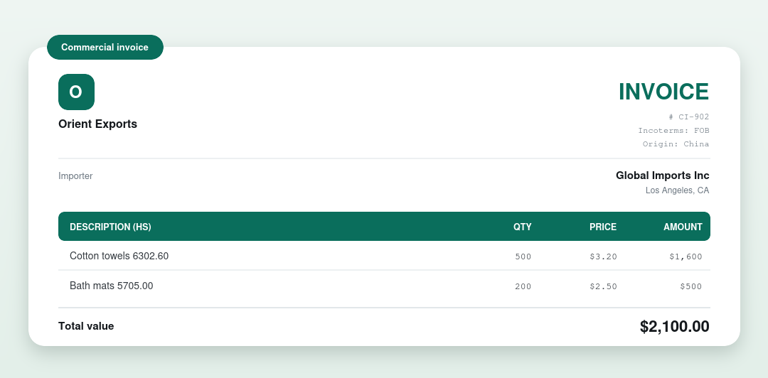 Commercial invoice example