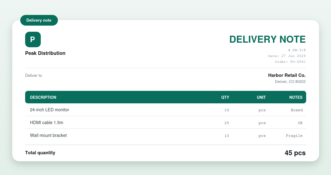 Delivery note example