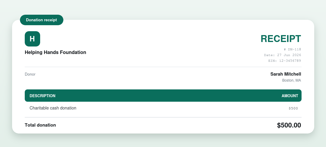 Donation receipt example