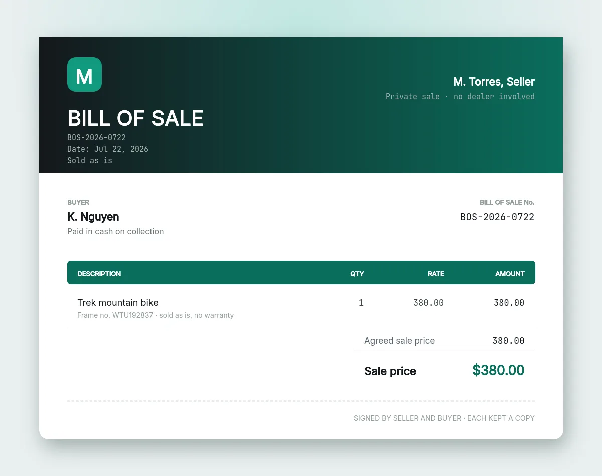 Bill of sale template showing seller and buyer, the item with its frame number, the agreed sale price, a sold as is note and a line recording that both parties signed.