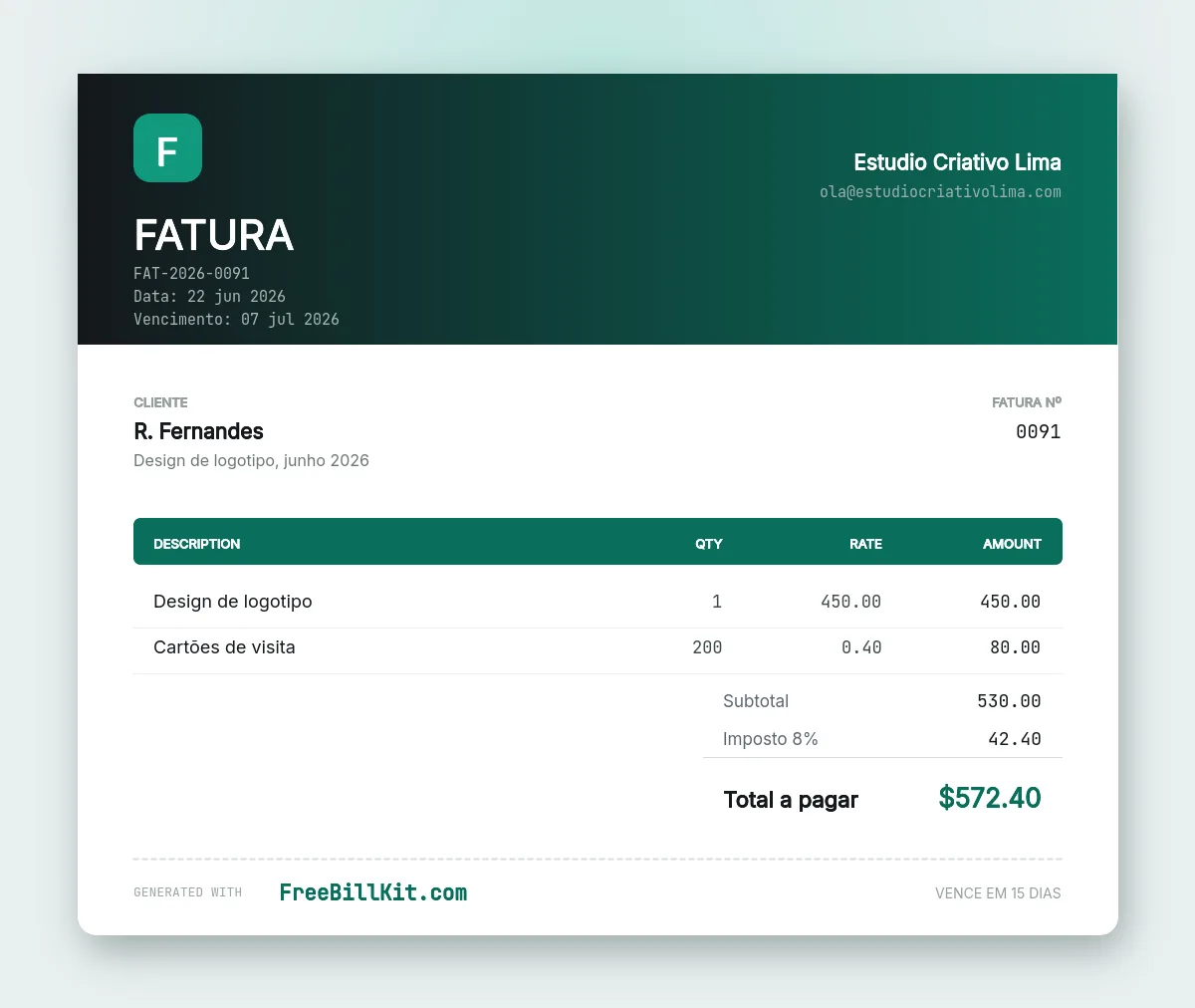 Exemplo de fatura com design de logotipo e cartões de visita, subtotal, imposto e total a pagar.