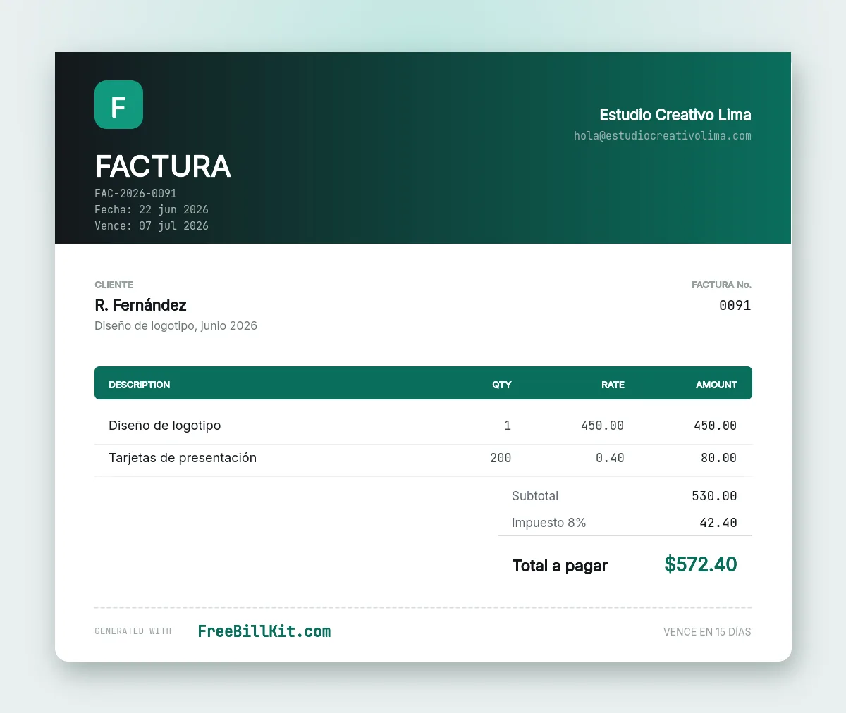 Ejemplo de factura con diseño de logotipo y tarjetas de presentación, subtotal, impuesto y total a pagar.