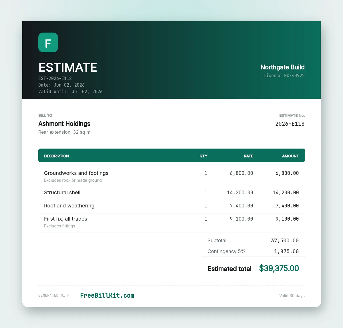 Construction estimate template broken into groundworks, shell, roof and first fix with exclusions noted and a contingency line.
