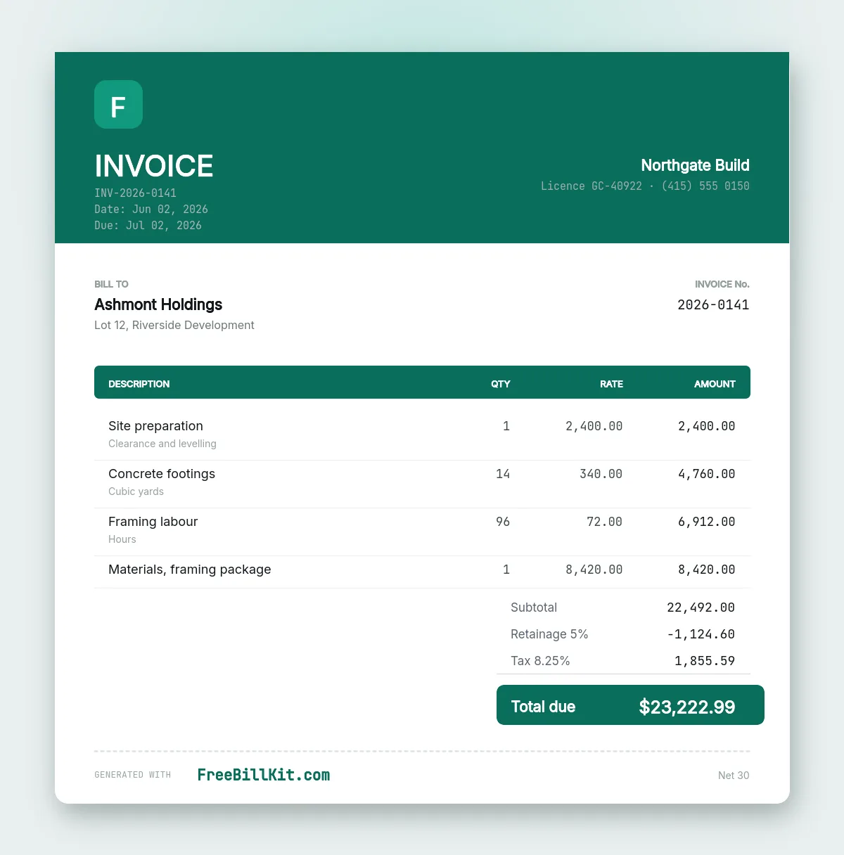 Construction invoice template with site preparation, concrete footings by cubic yard, framing labour and a retainage line.