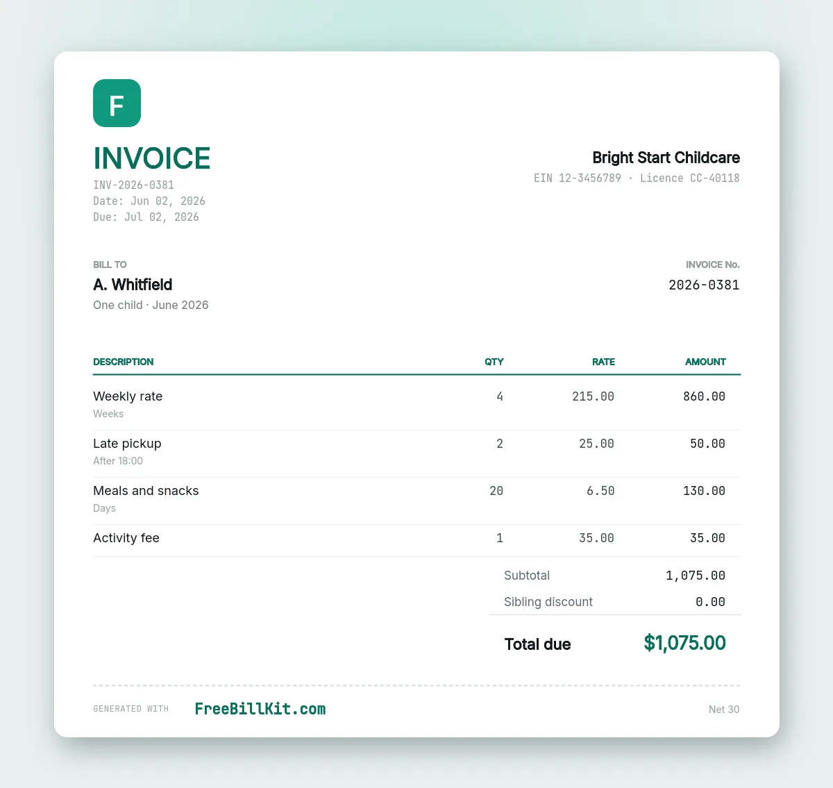 Daycare invoice template with a weekly rate, late pickup charges, meals by the day and an activity fee.