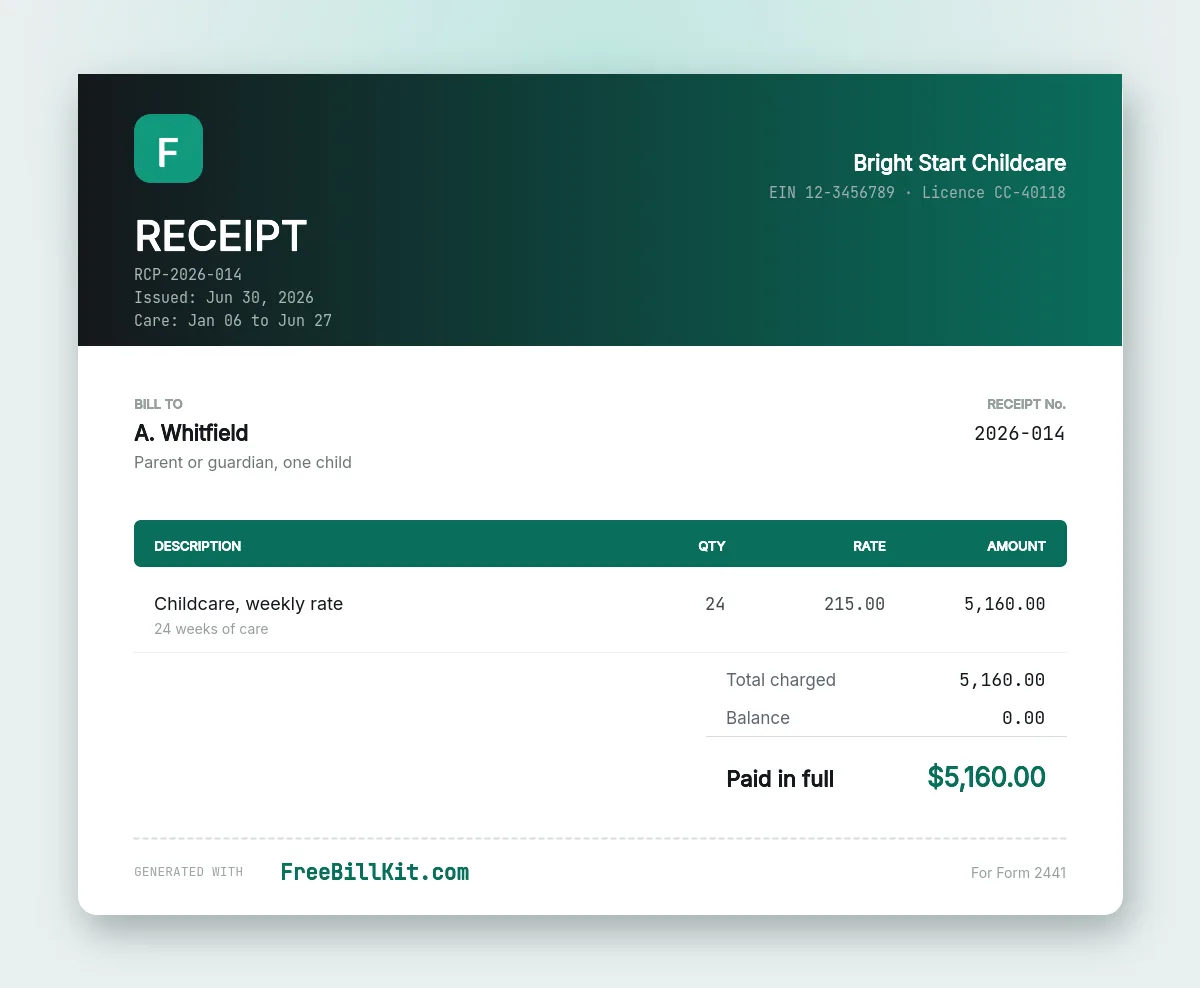 Daycare receipt template showing provider tax ID, dates of care and the annual total a parent needs for a childcare tax credit.