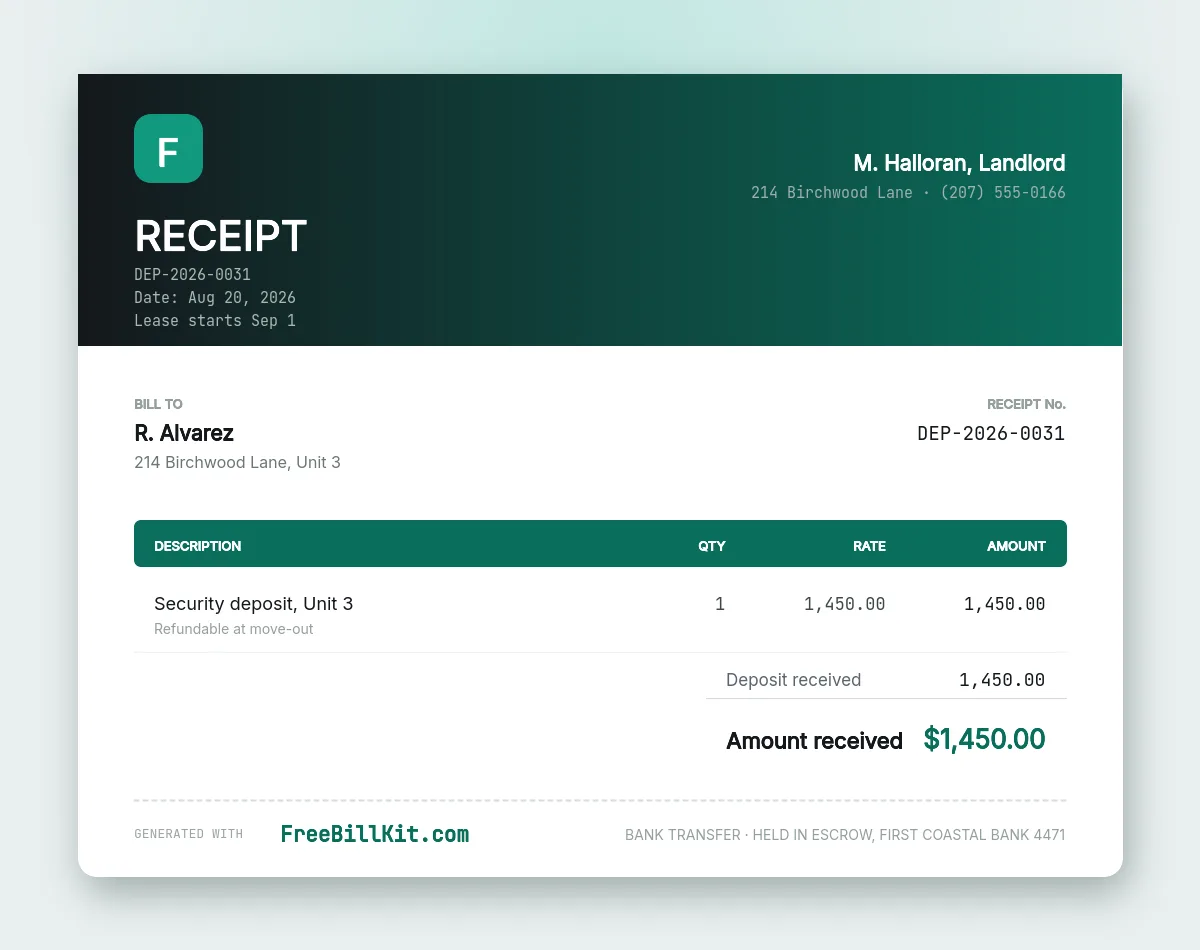 Deposit receipt template for a security deposit showing the amount received, the rental unit, the payment method and the escrow account holding it.