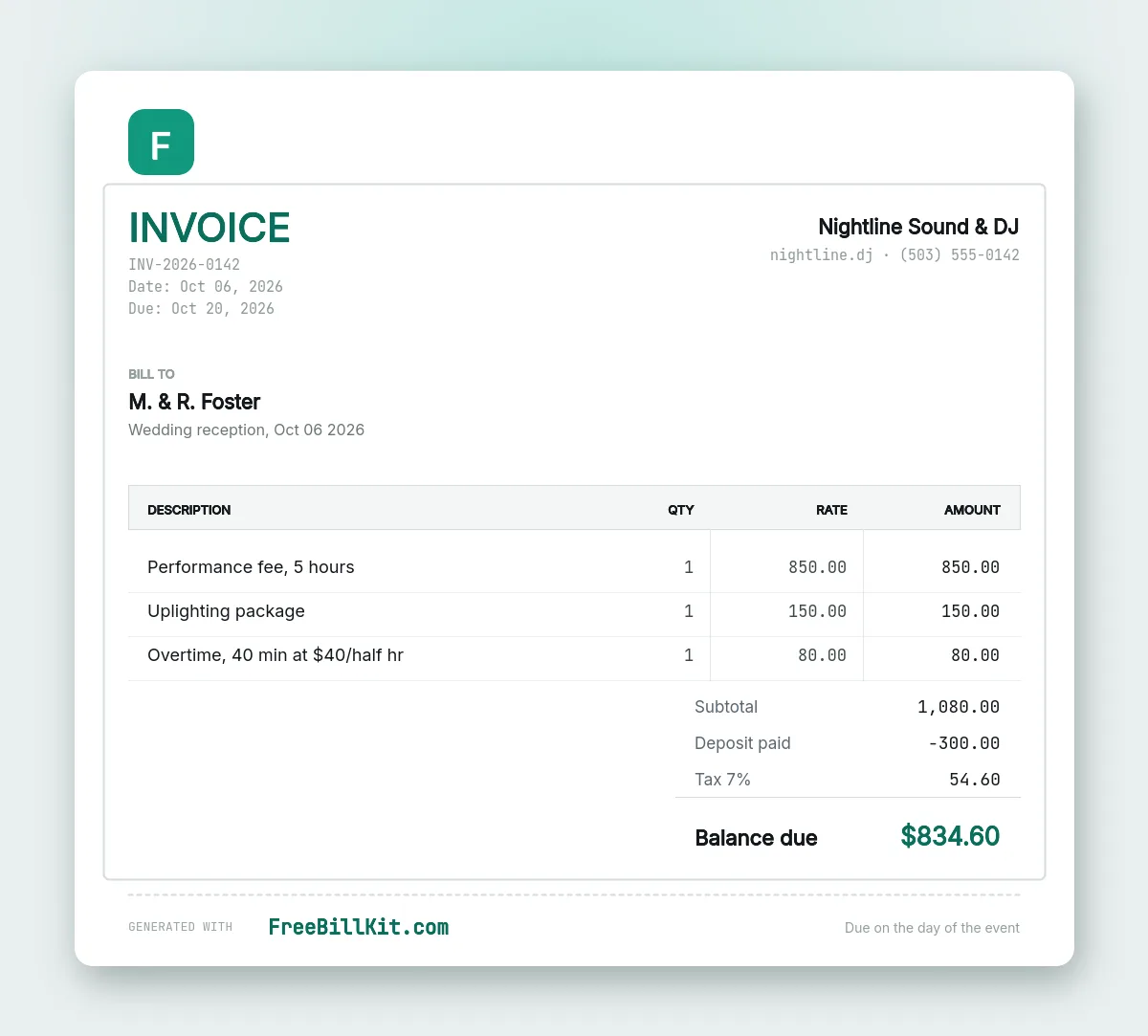 DJ invoice template with performance fee by the hour, an uplighting add-on and an overtime line billed per half hour.