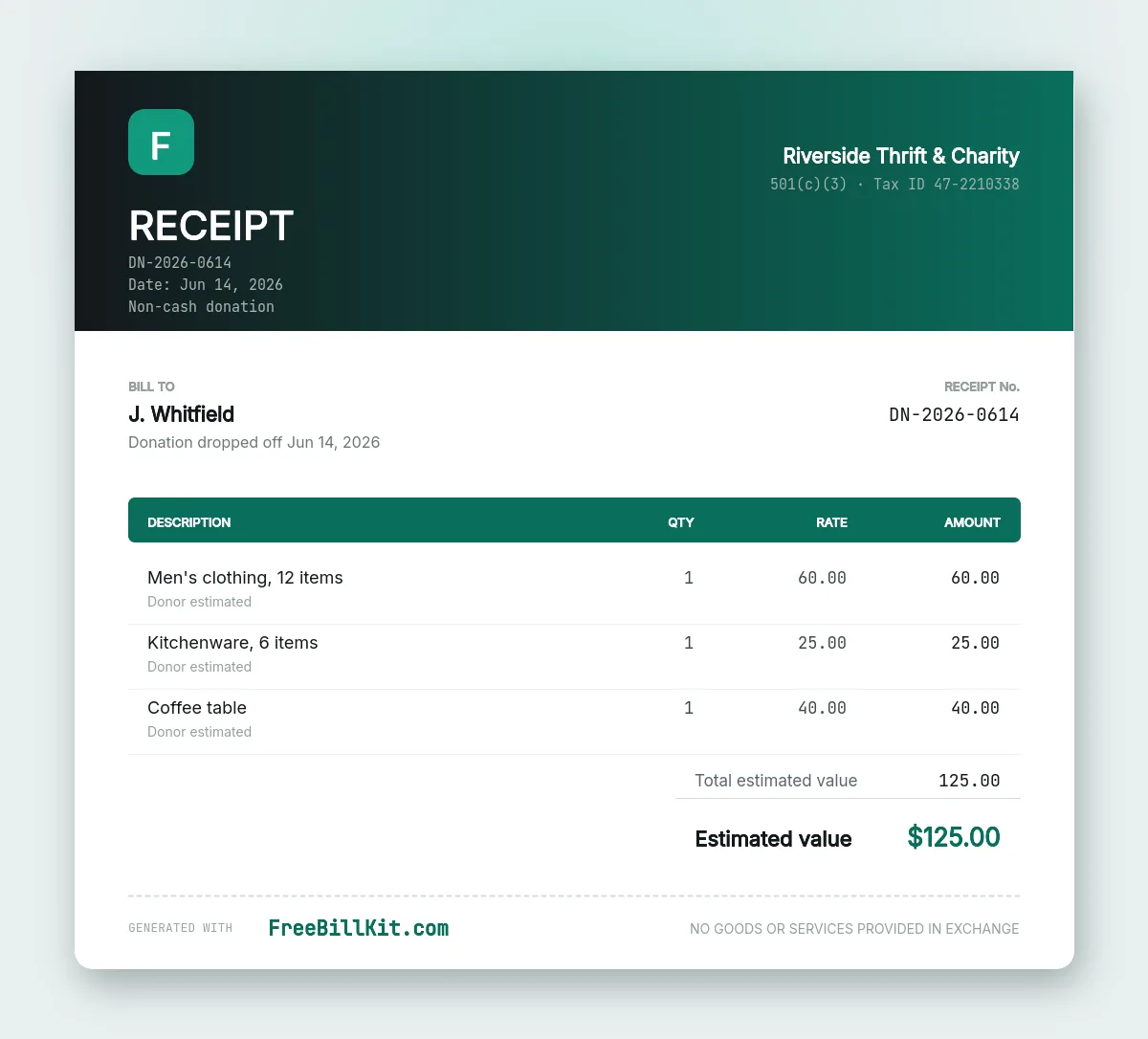 Donation receipt template showing donated item categories, the date, a donor-estimated value column and a no-goods-or-services-provided line.