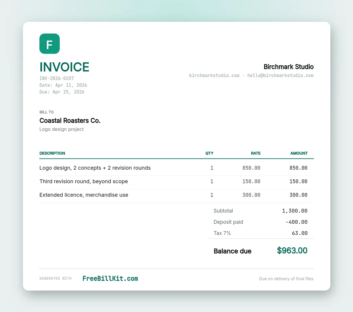 Graphic design invoice template with revision rounds itemised and an extended licence fee for merchandise use.