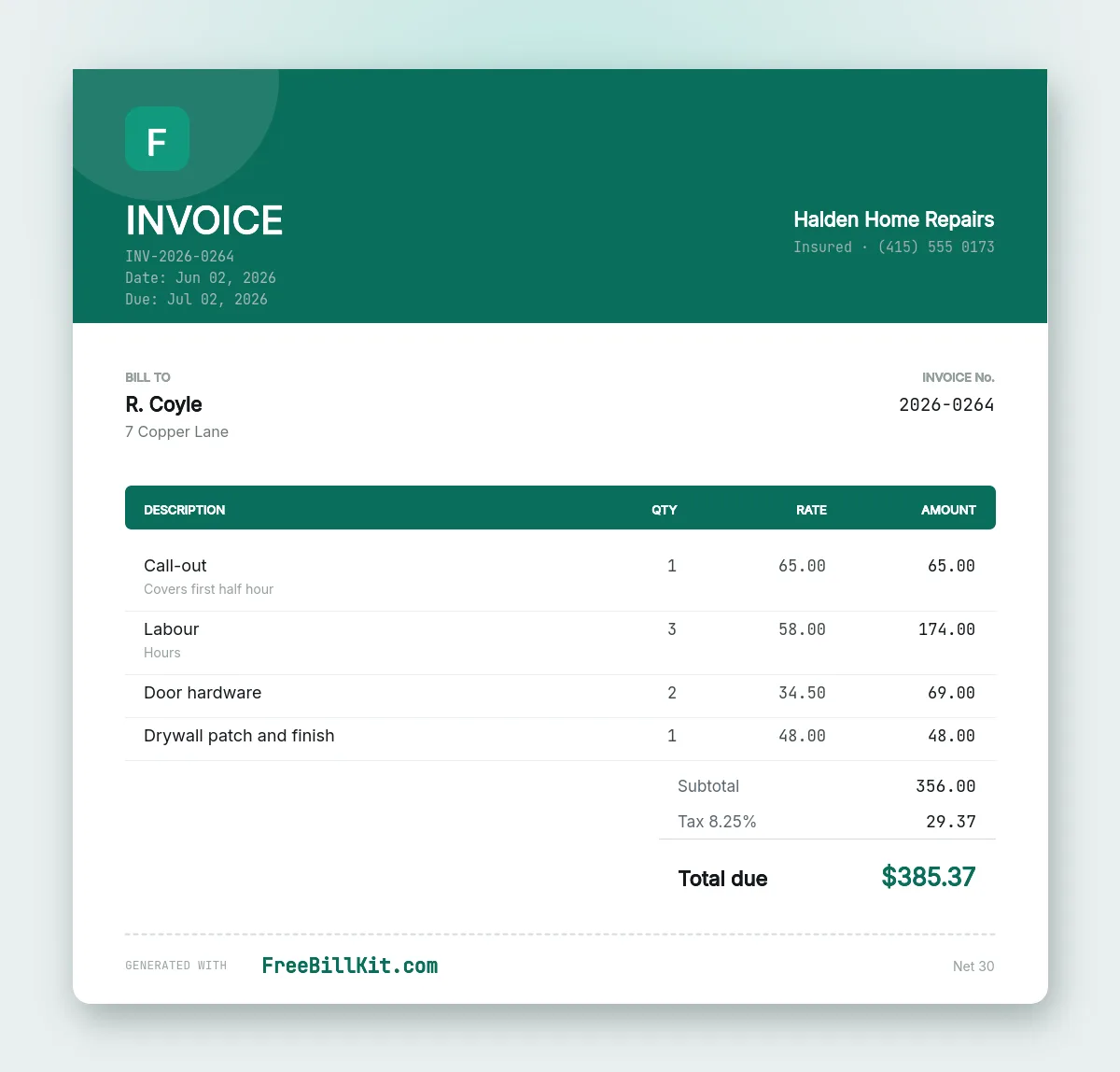 Handyman invoice template with a call-out covering the first half hour, hourly labour, hardware and a drywall repair.
