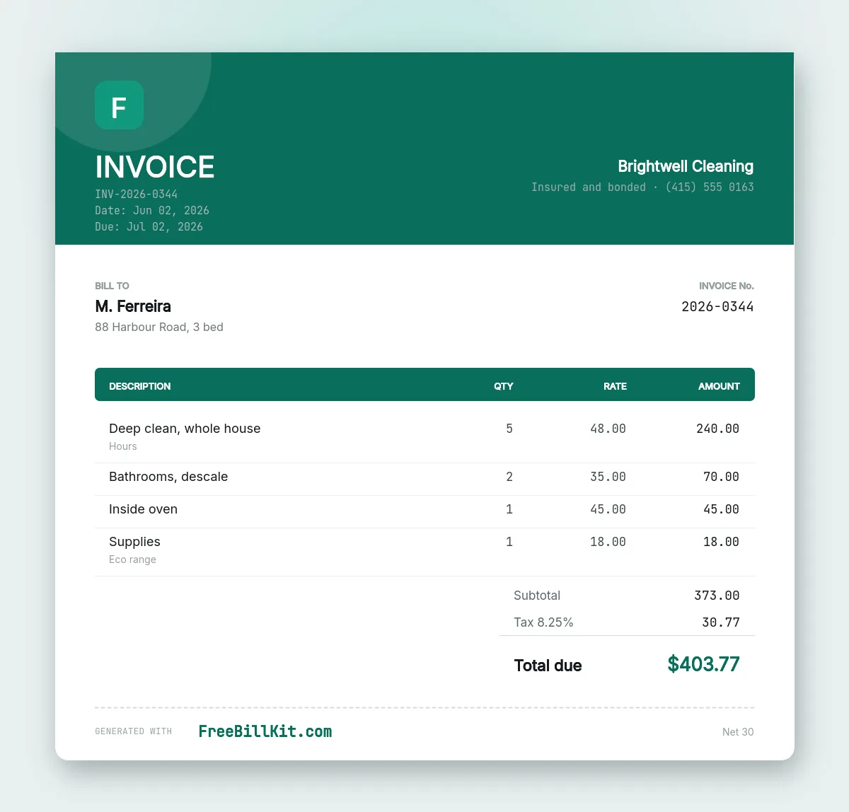 House cleaning invoice template with a deep clean hourly rate plus separately priced bathrooms, oven and supplies.