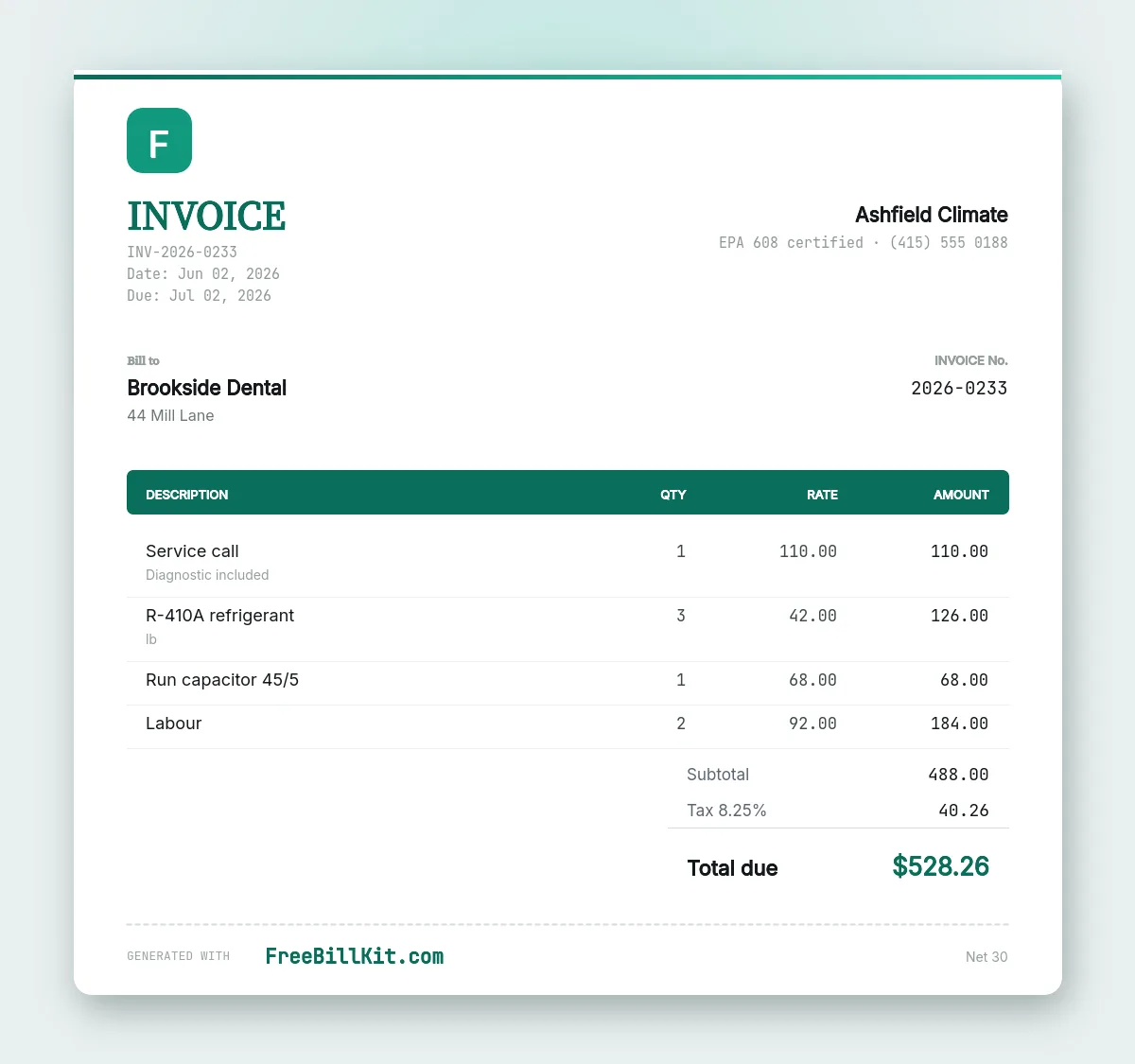 HVAC invoice template showing a service call, refrigerant by the pound, a replacement capacitor and labour hours.