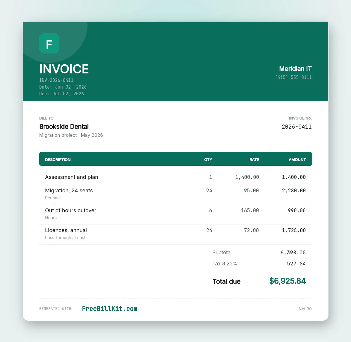 IT consulting invoice template with per seat migration pricing, out of hours cutover rate and licences passed through at cost.