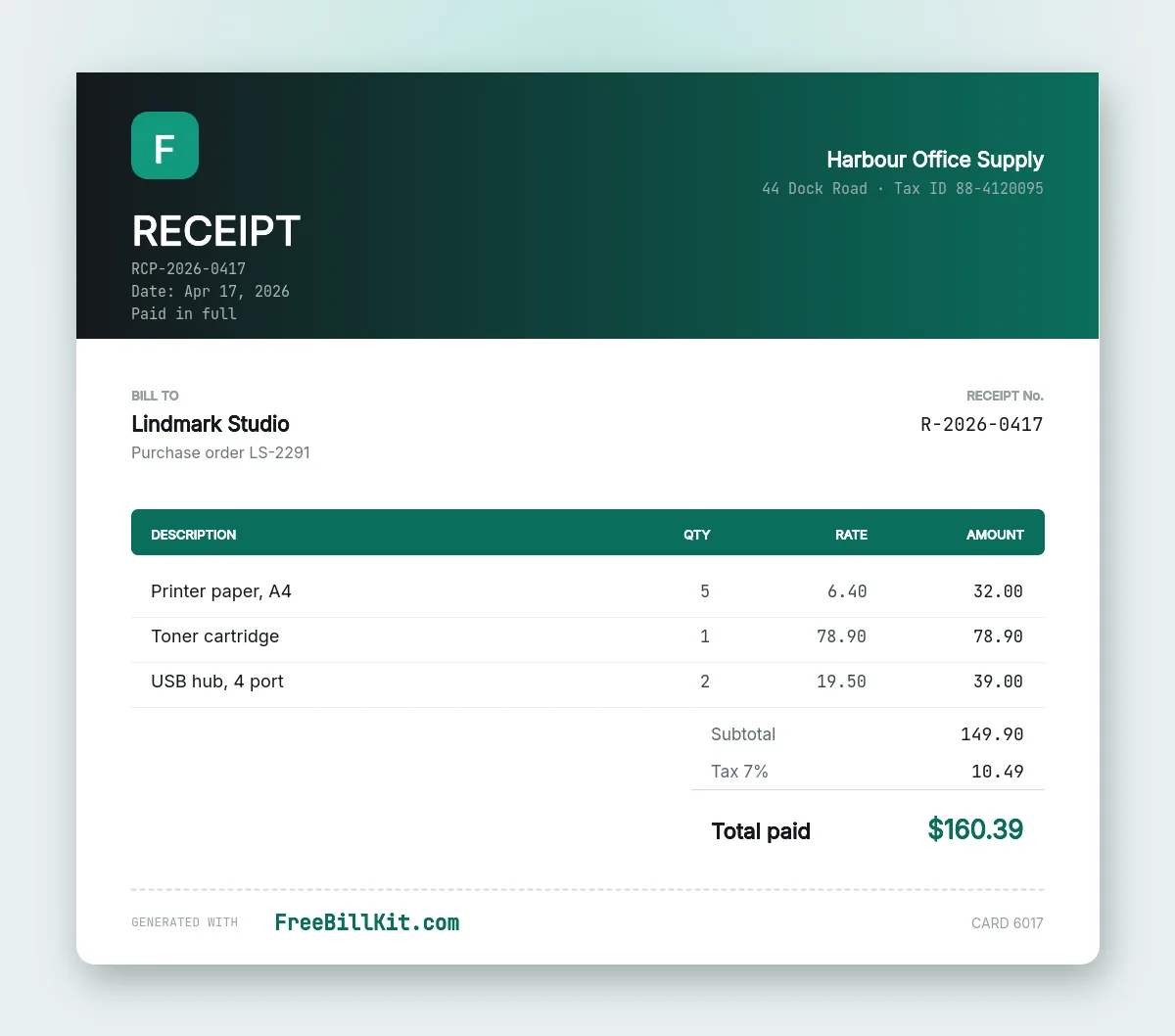 Itemised receipt template with one line per item showing quantity, unit price, line total, tax and the amount paid.
