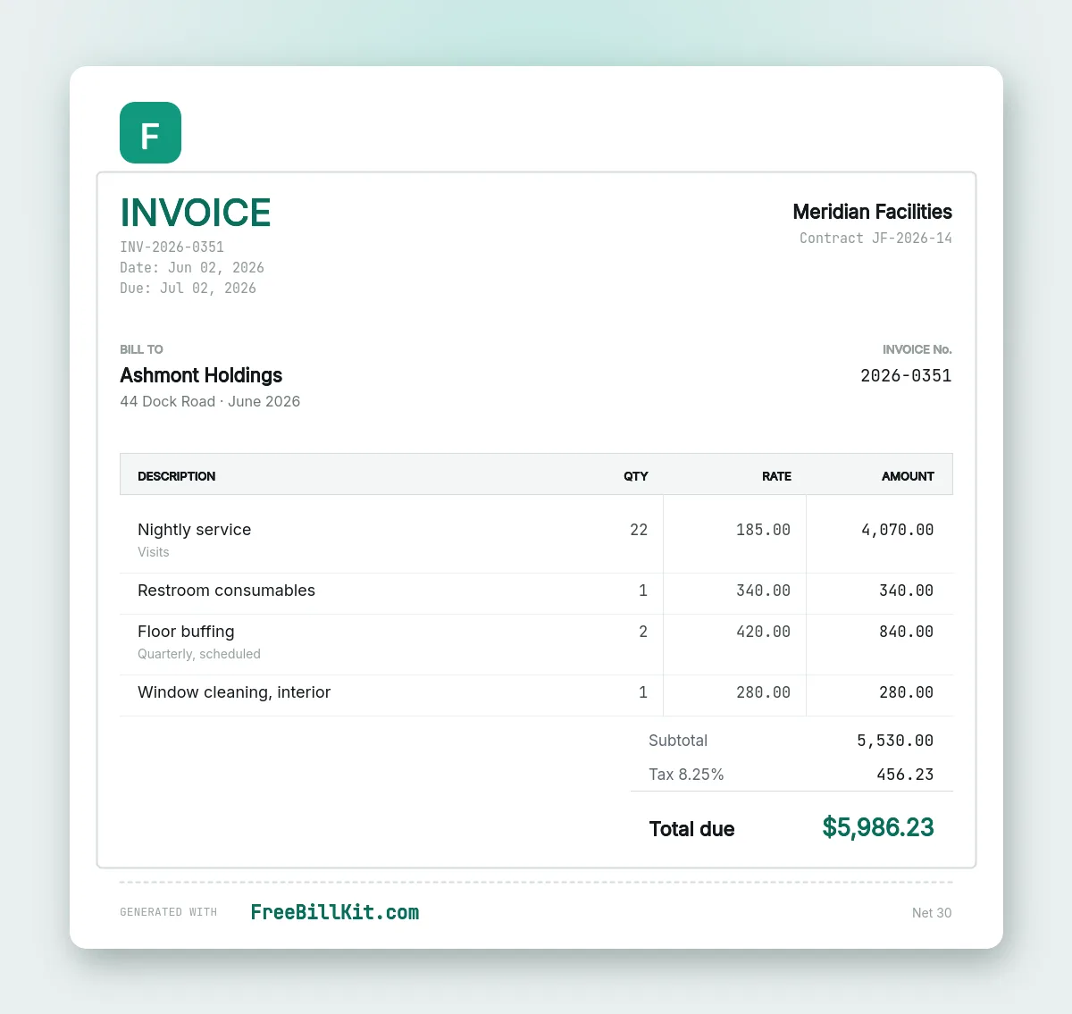 Janitorial invoice template billing a monthly contract by visit count with consumables, floor buffing and window cleaning.