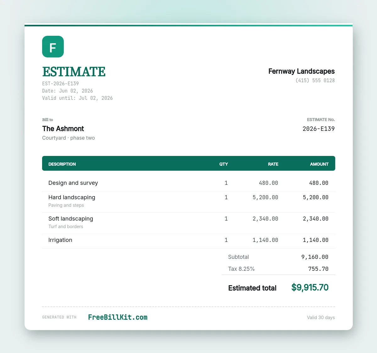 Landscaping estimate template split into design, hard landscaping, soft landscaping and irrigation for a phased job.