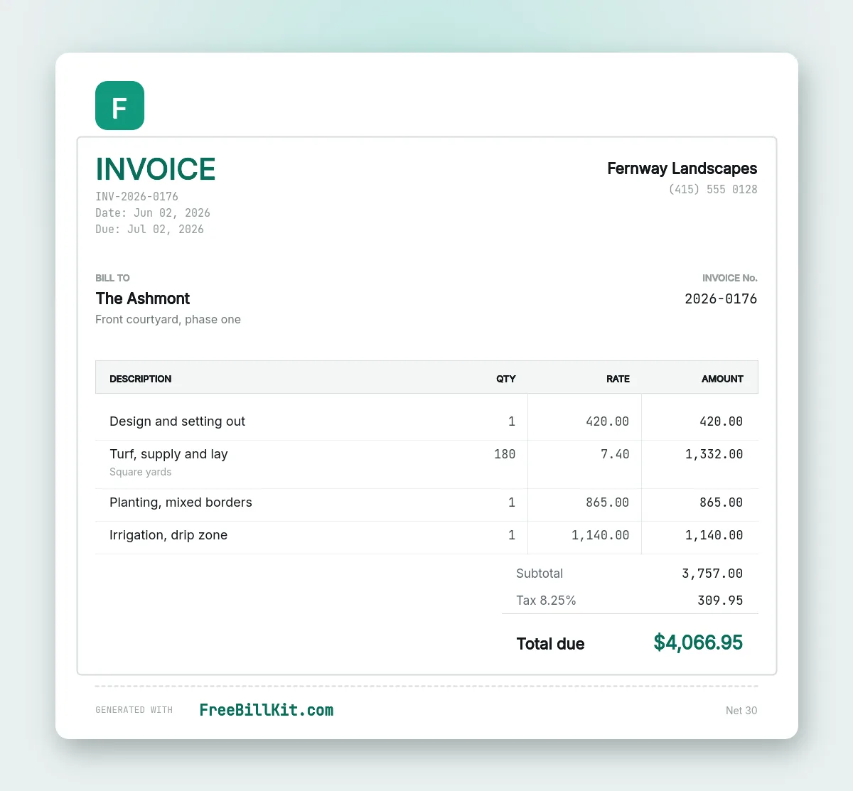 Landscaping invoice template with design, turf by the square yard, planting and a drip irrigation zone.