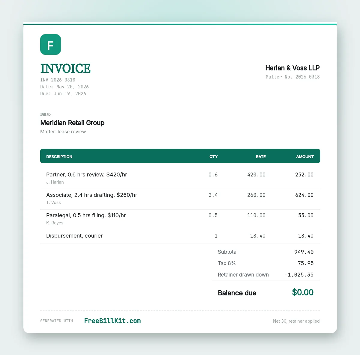 Legal invoice template with time billed to the tenth of an hour, fee earner named per line and a disbursement passed through at cost.