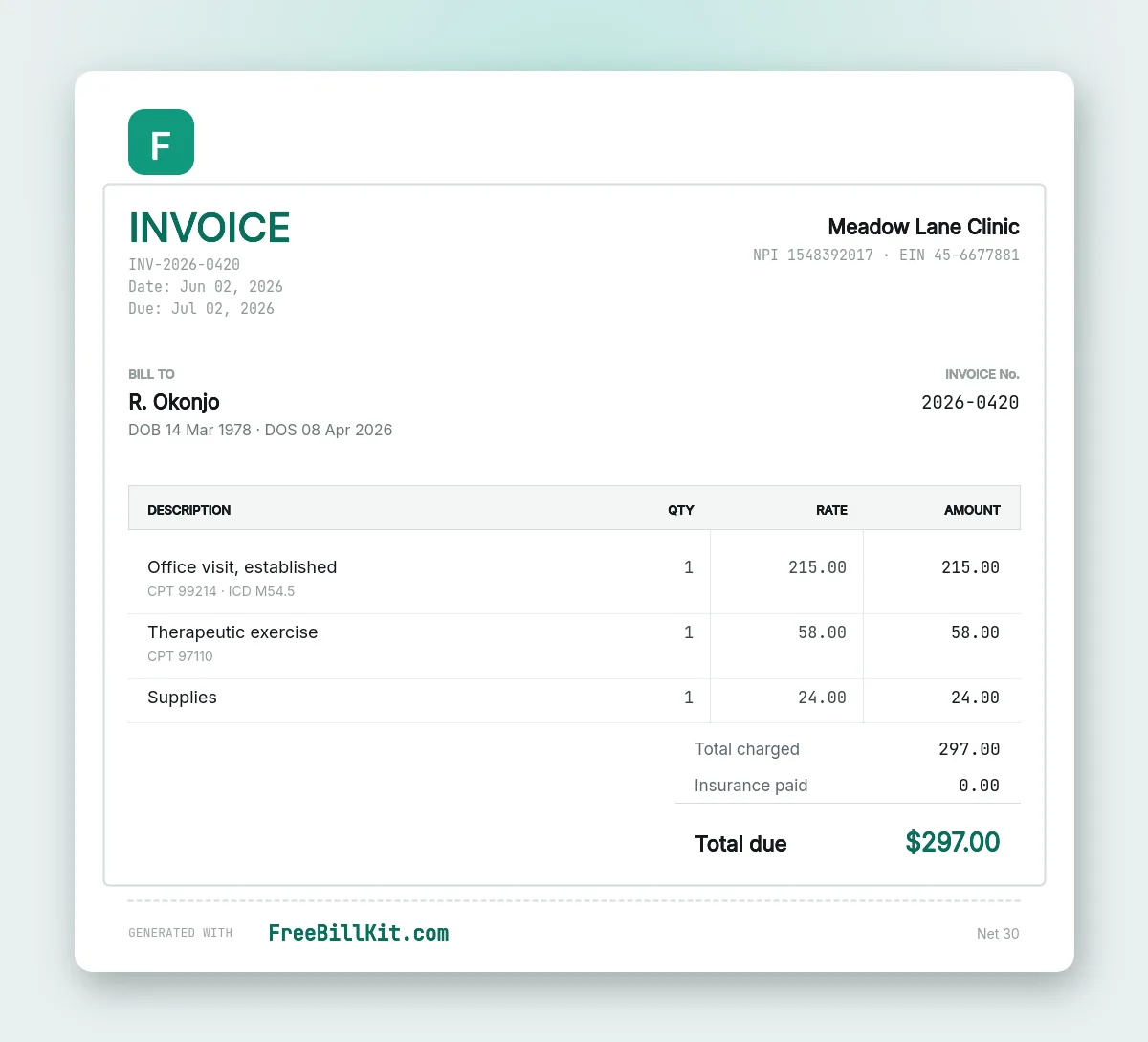 Medical invoice and superbill template with CPT procedure codes, an ICD diagnosis code, provider NPI and practice tax ID.
