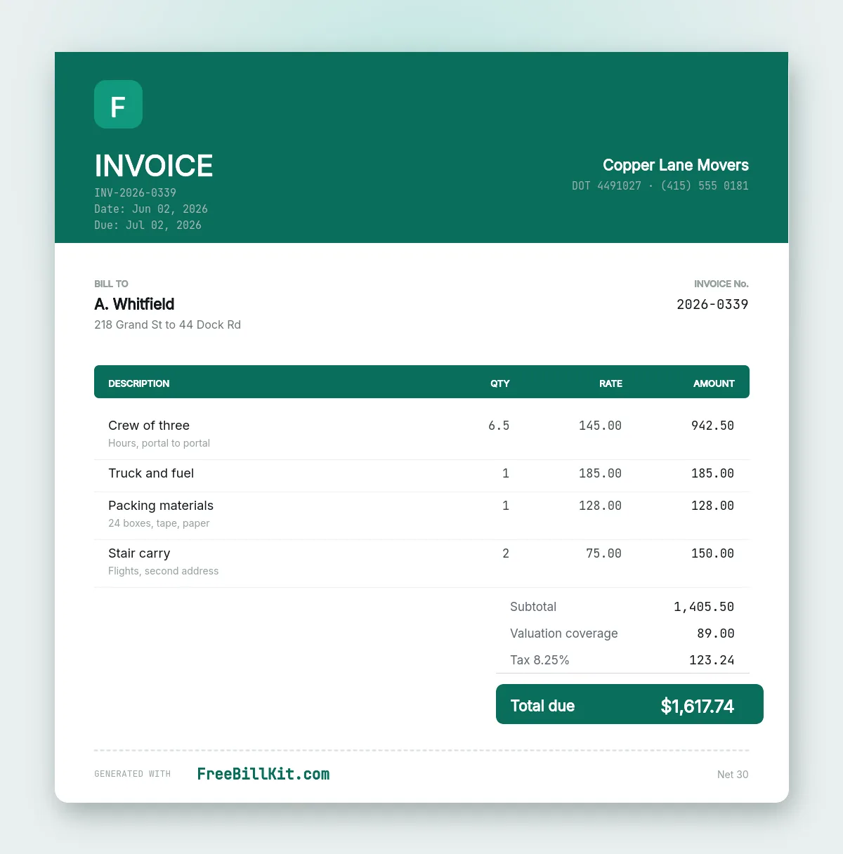 Moving company invoice template with an hourly crew rate, truck charge, packing materials, stair carry and valuation coverage.