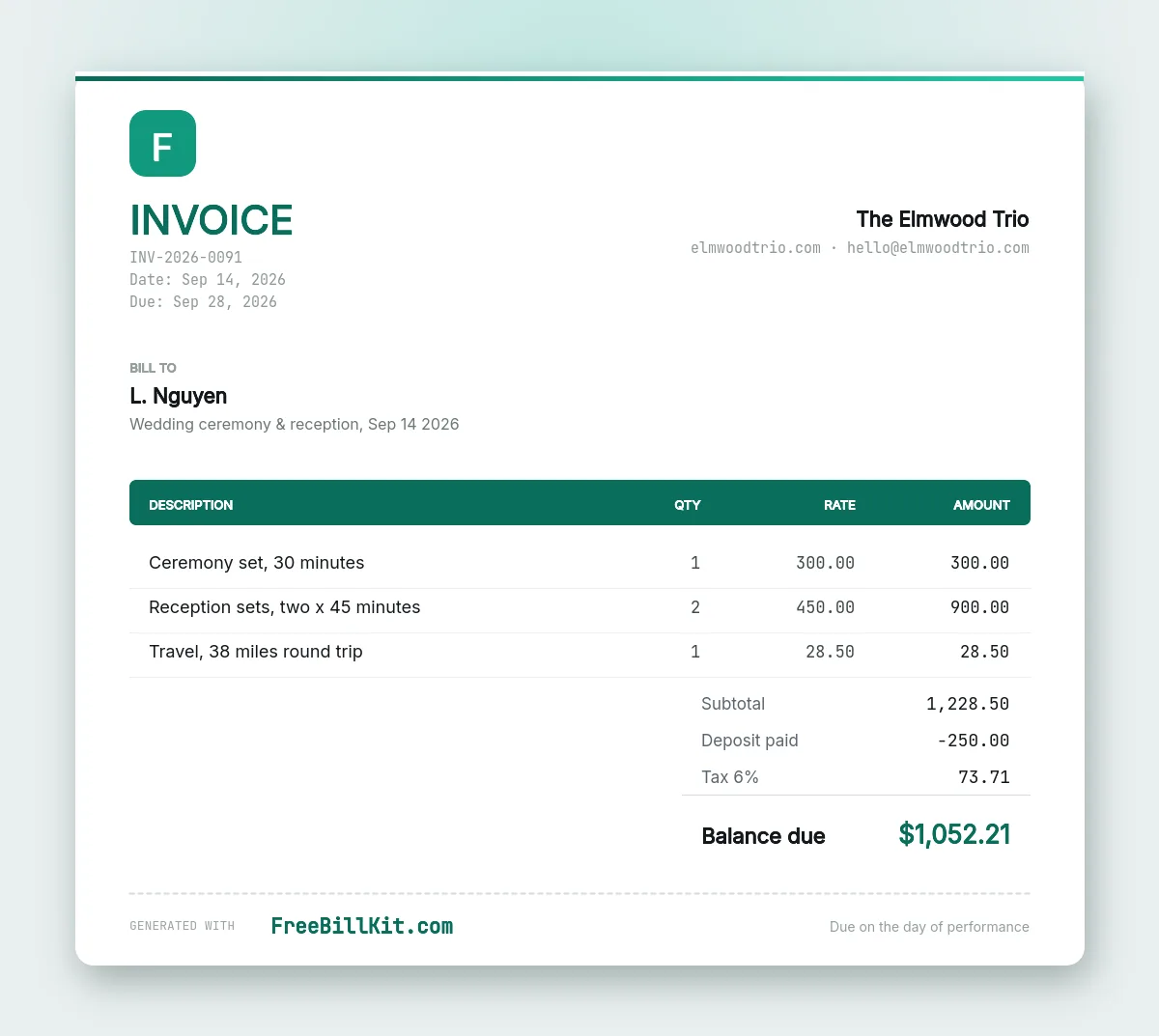 Musician invoice template with a ceremony set billed apart from the reception sets, plus a mileage travel line.
