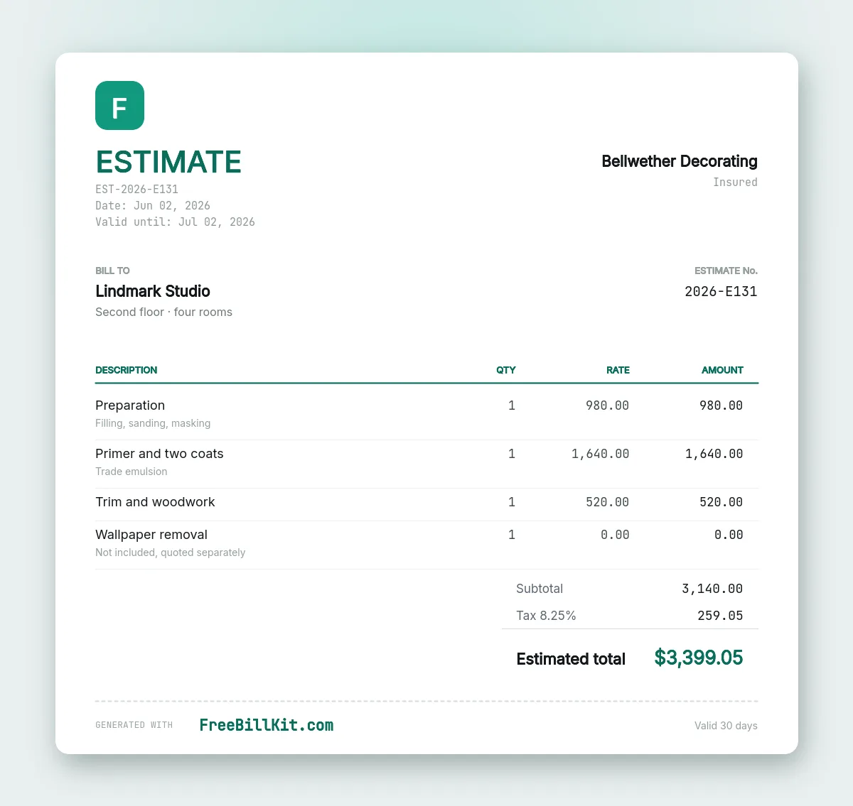 Painting estimate template with preparation, coats and trim priced, and wallpaper removal listed as excluded.