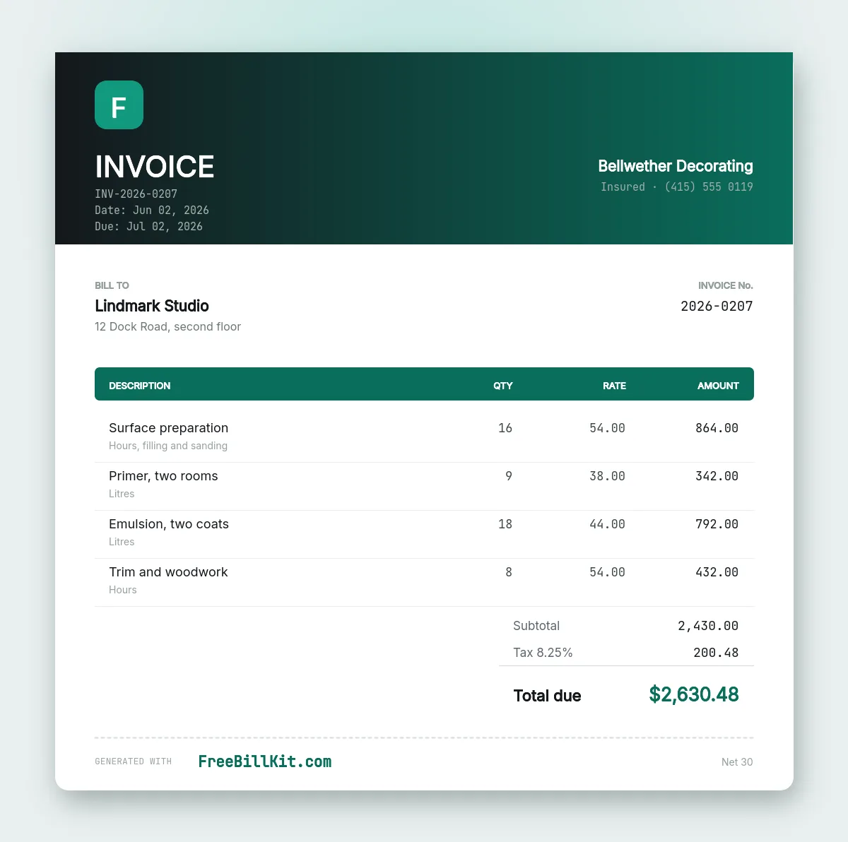 Painting invoice template separating surface preparation hours from primer, two coats of emulsion and trim work.