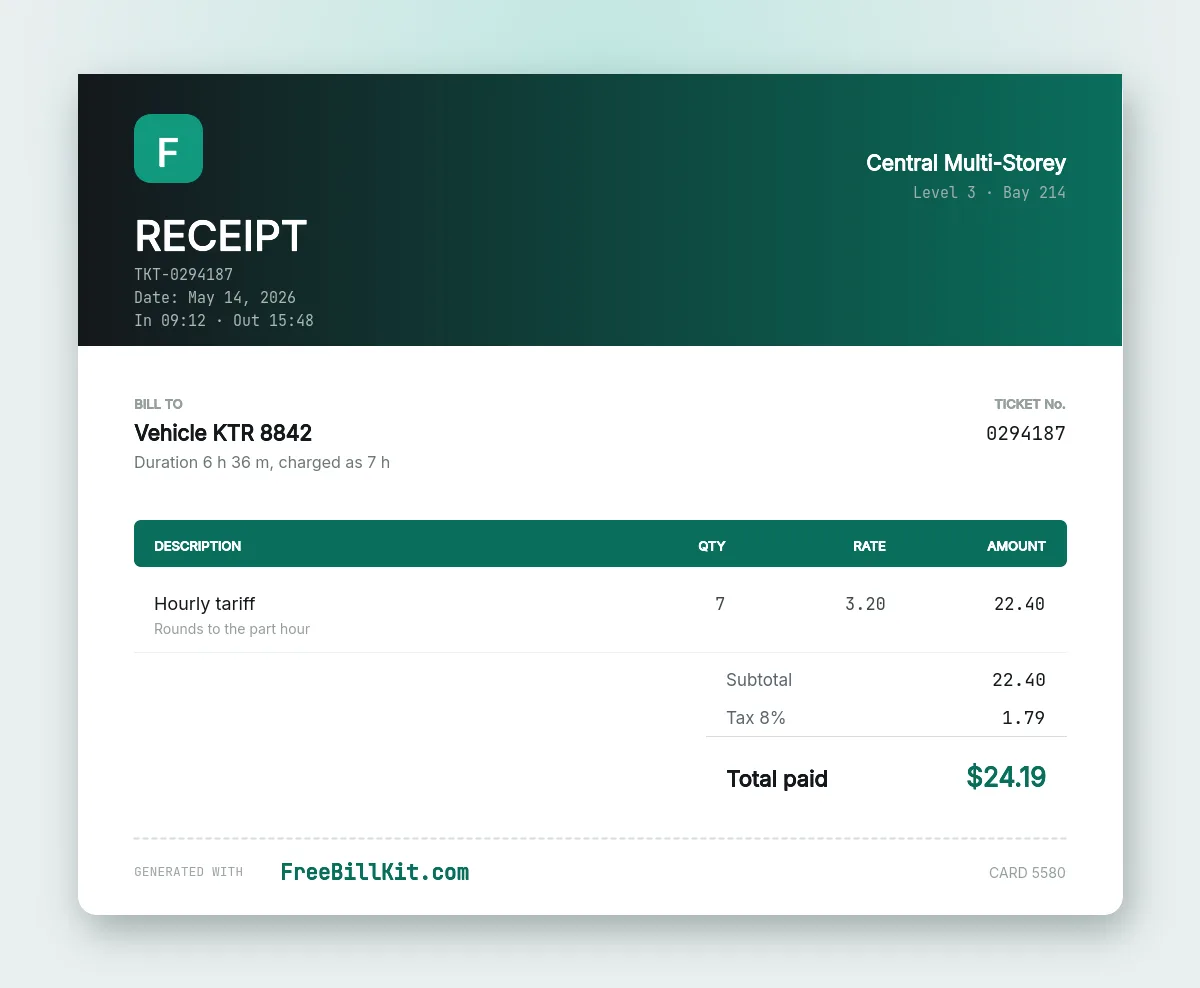 Parking receipt template with entry and exit times, total duration, the hourly tariff and vehicle registration.