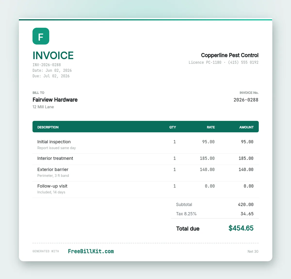 Pest control invoice template with inspection, interior treatment, an exterior barrier and an included follow-up visit.