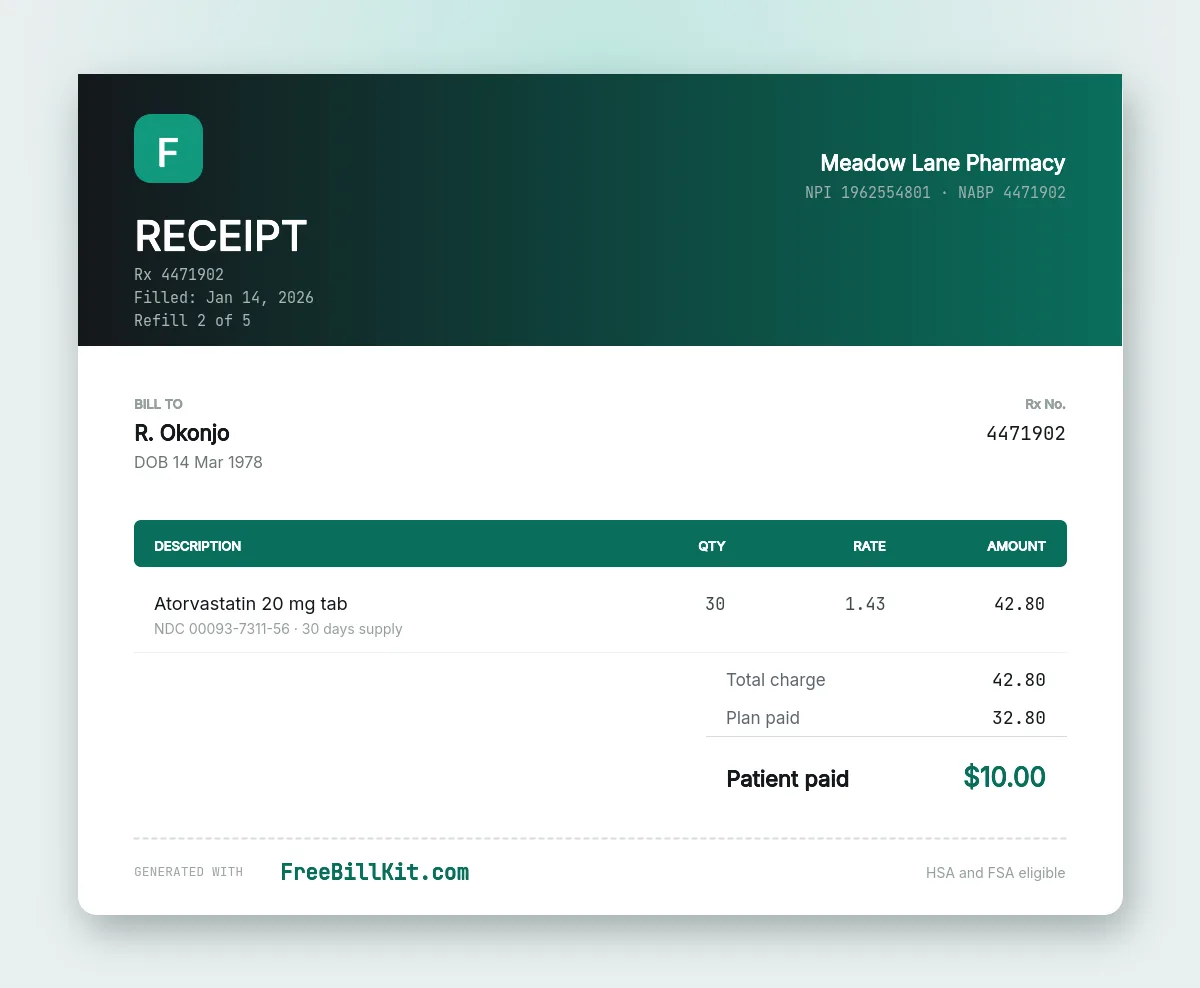Pharmacy receipt template with prescription number, NDC code, days supply, plan paid and patient copay for an HSA or FSA claim.