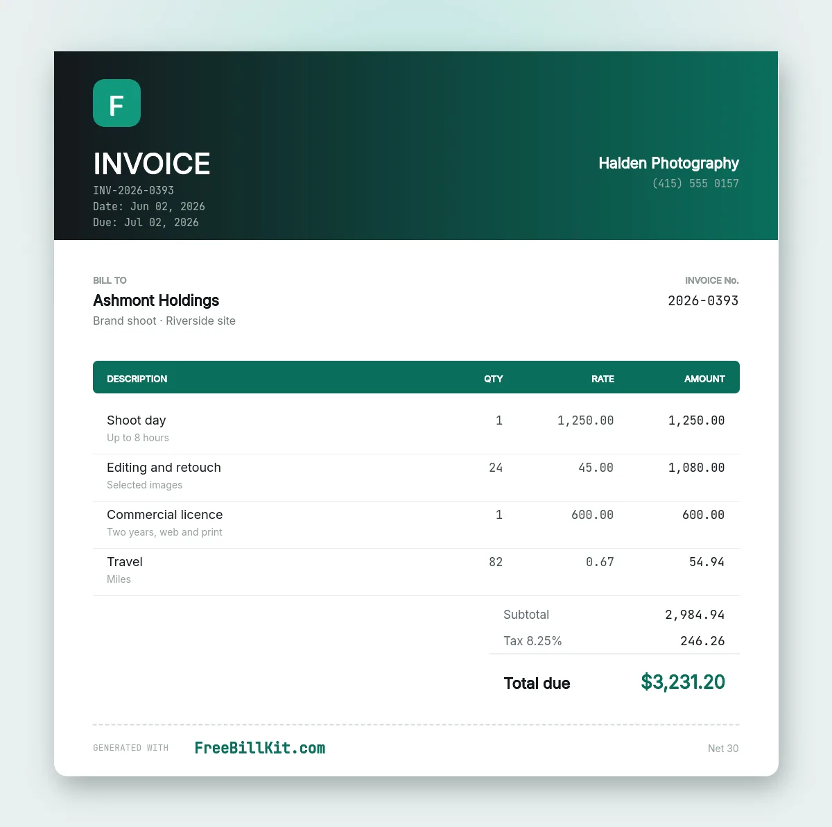 Photography invoice template separating the shoot day, retouching, a two year commercial licence and mileage.