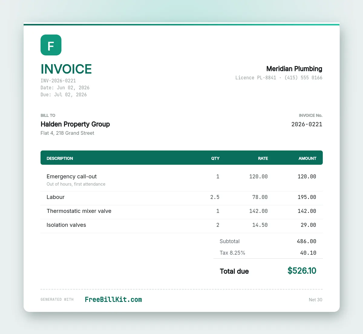 Plumbing invoice template filled in with an out of hours call-out, labour hours, a mixer valve and parts.