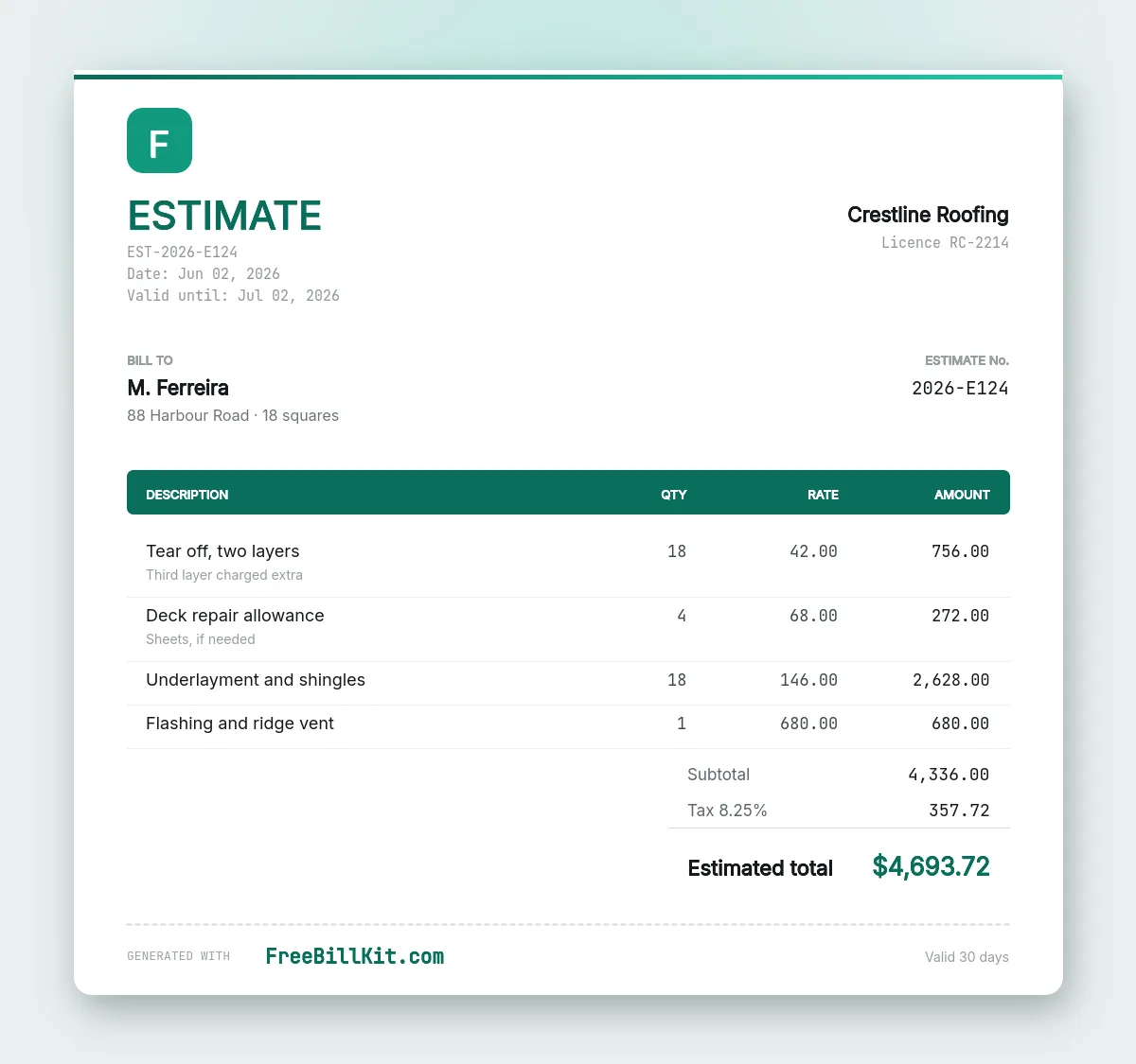 Roofing estimate template priced by the square with a deck repair allowance shown as a conditional line.