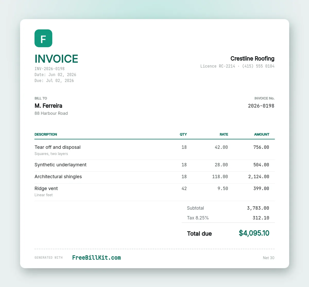 Roofing invoice template priced by the square with tear off, underlayment, architectural shingles and ridge vent.