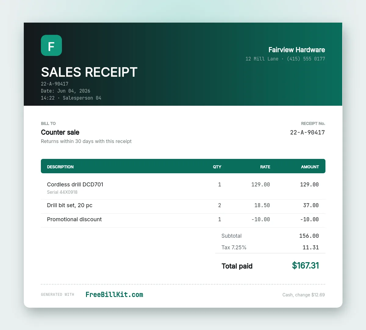 Sales receipt template with itemised goods, a serial number for warranty, a discount line, tax, cash tendered and change given.