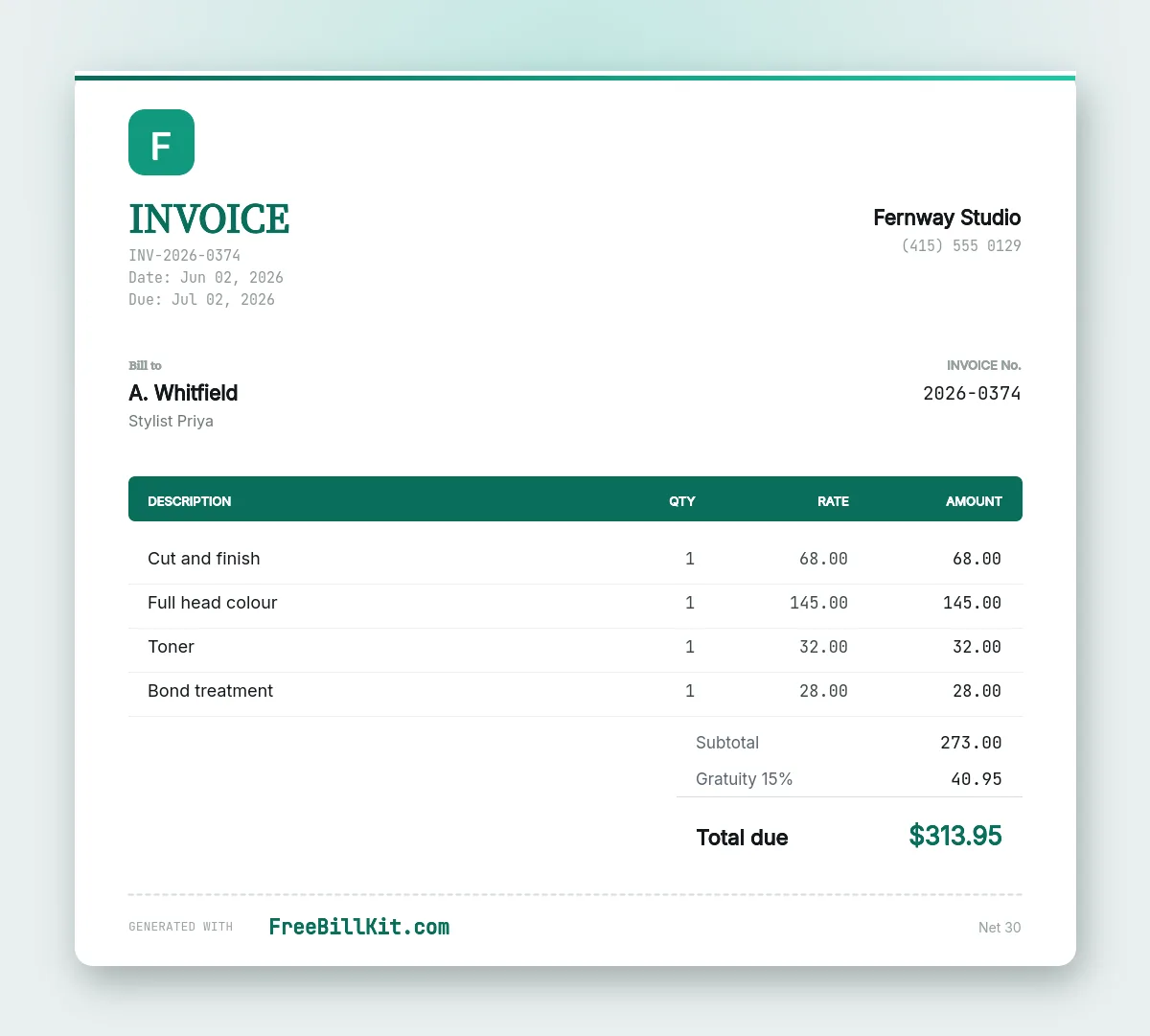 Salon invoice template listing cut, colour, toner and treatment as separate services with a gratuity line.