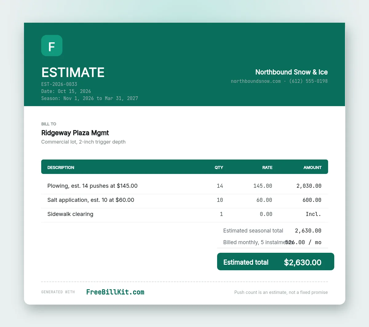 Snow removal estimate template with a seasonal contract, trigger depth stated and salt application priced separately.