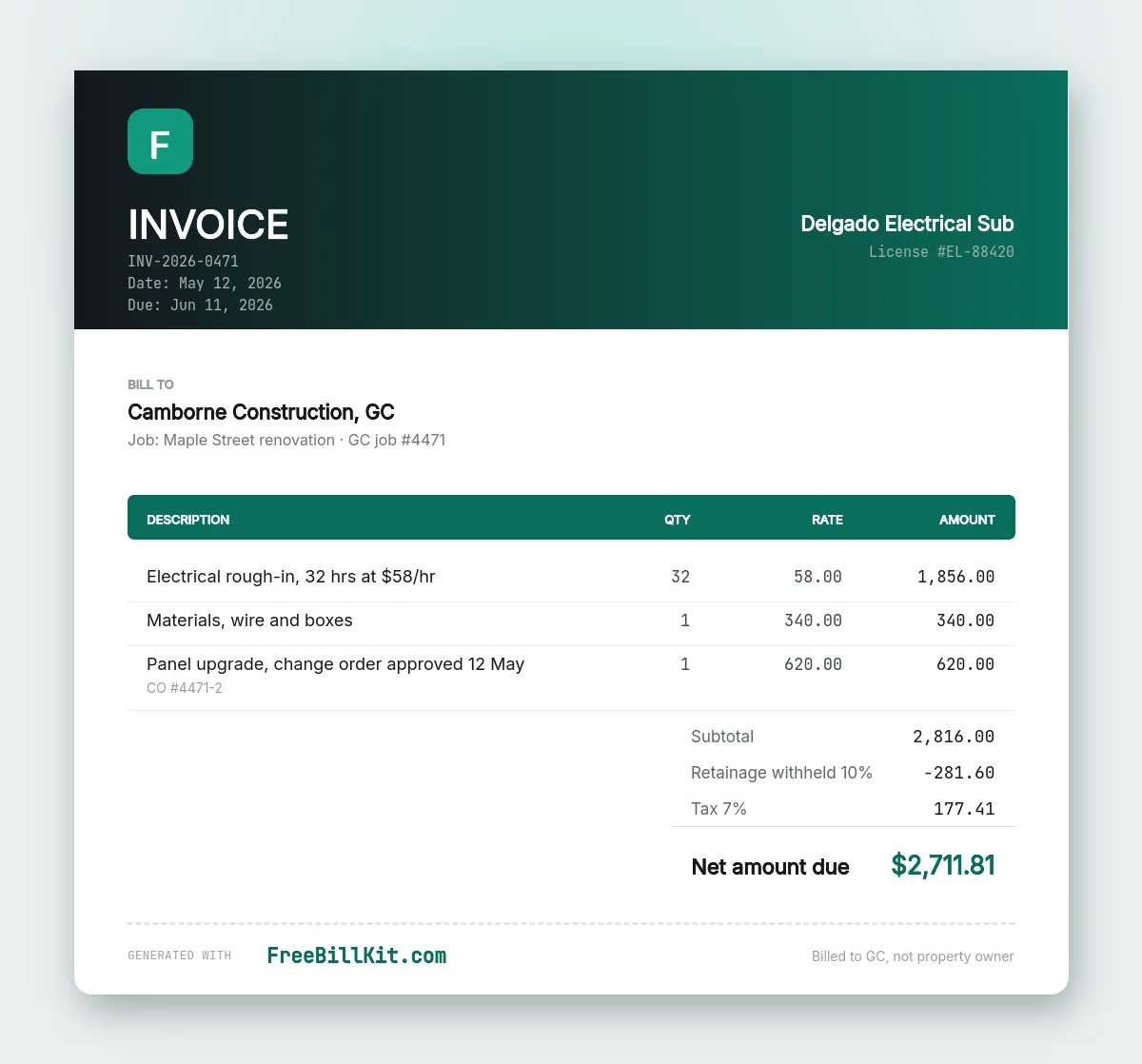 Subcontractor invoice template billed to a general contractor, with the GC job number and retainage withheld shown.