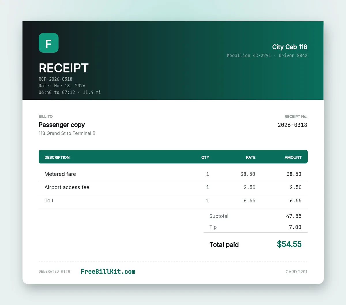 Taxi receipt template showing the metered fare, airport fee and toll as separate lines with pickup and drop off points.