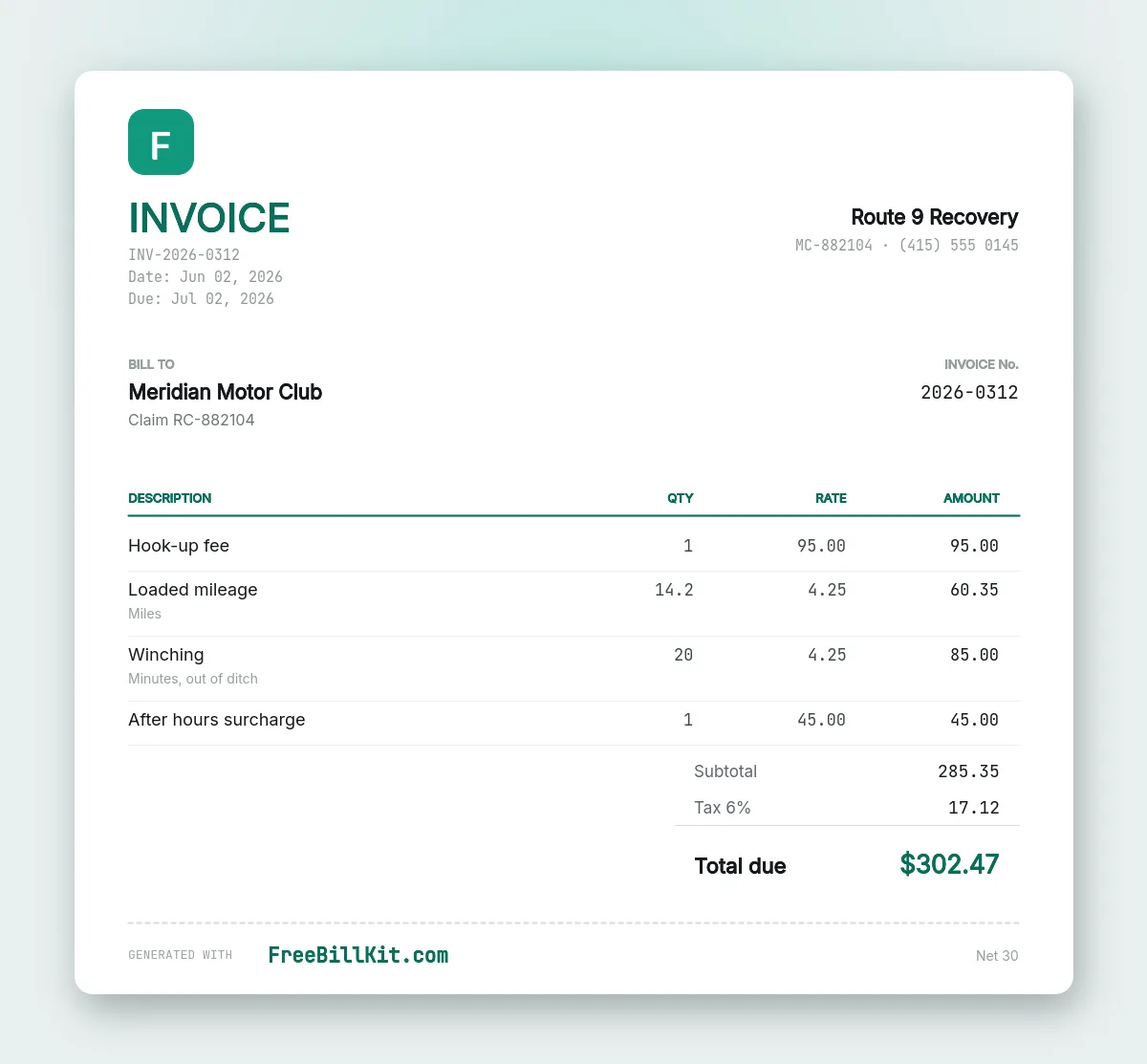 Towing invoice template with hook-up fee, loaded mileage, winching time and an after hours surcharge shown separately.