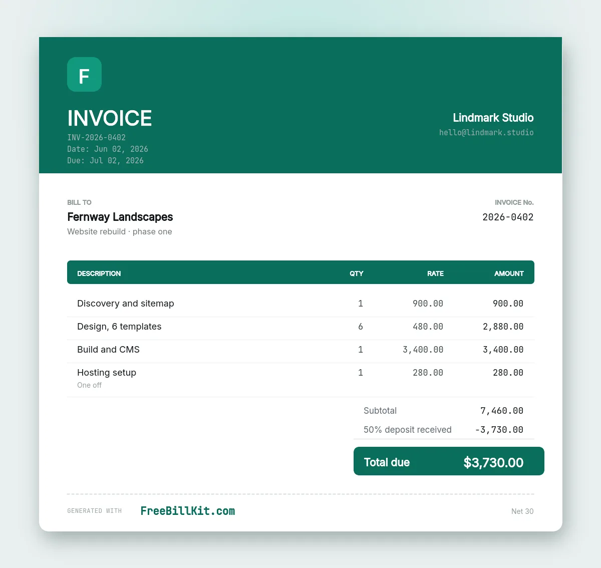 Web design invoice template with discovery, per template design fees, build cost and a fifty percent deposit deducted.