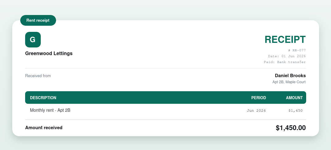 Rent receipt example